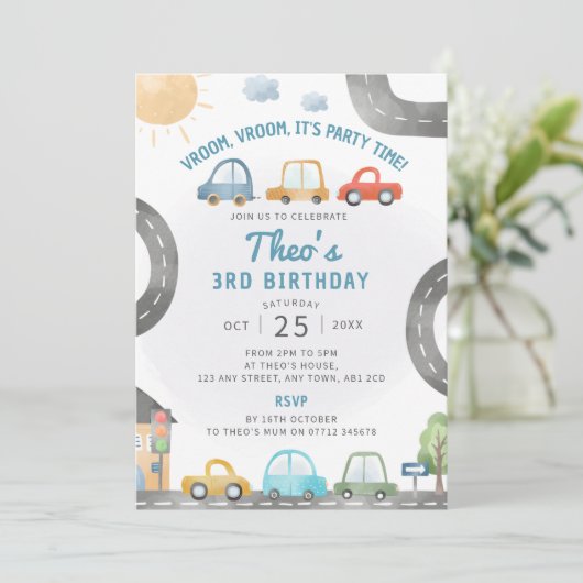 Auto's Verjaardagsfeest Uitnodiging Vervoer Thema (Staand voorkant)