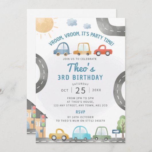 Auto's Verjaardagsfeest Uitnodiging Vervoer Thema (Voorkant / Achterkant)