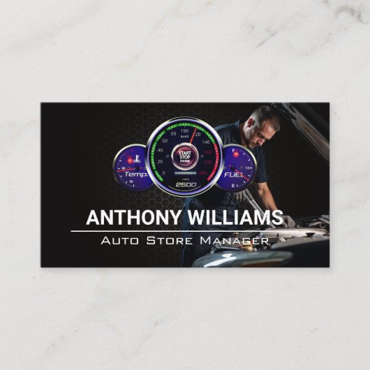 autosnelheidsmeter | Monteur werkt aan de motor Visitekaartje (Voorkant)