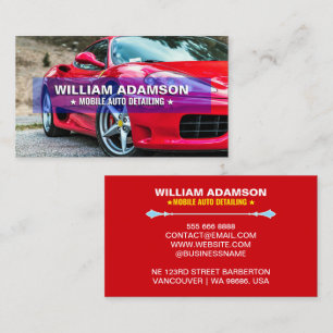 Autoverkoop, autoreparatie, rode auto details visitekaartje