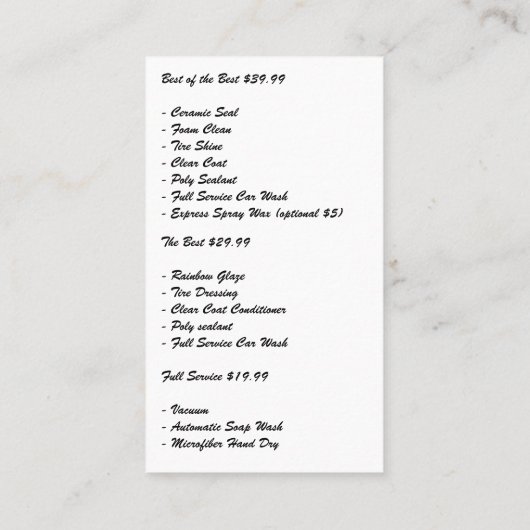 Autowas Autowas Detailing | Schoonmaakdienst Visitekaartje (Achterkant)