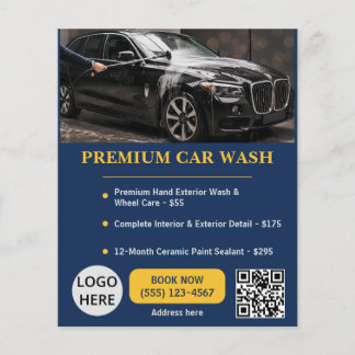 Autowas Bewerkbare Premium Sjabloon Navyblauw Goud Flyer