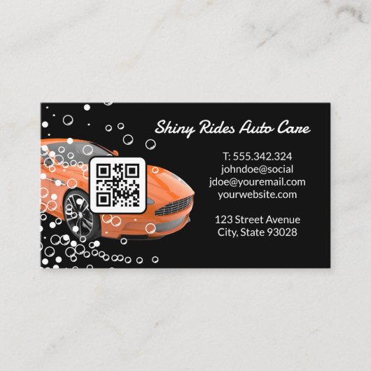 Autowas en detailing | Oranje sportwagen | Qr Visitekaartje (Voorkant)