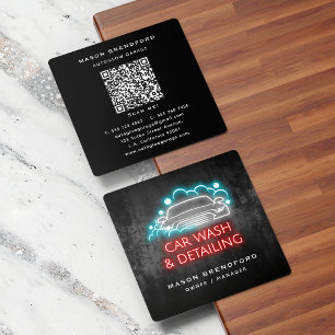 Autowassen en detaillering Blauwe Neon Gloed QR Co Vierkante Visitekaartje