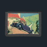 autowegvervoer met converteerbare motor in het la drievoud portemonnee<br><div class="desc">Vintage illustratie: afbeelding voor reizen en vervoer met een paar dat op een weg op het platteland in een antiek,  converteerbare auto rijdt.</div>