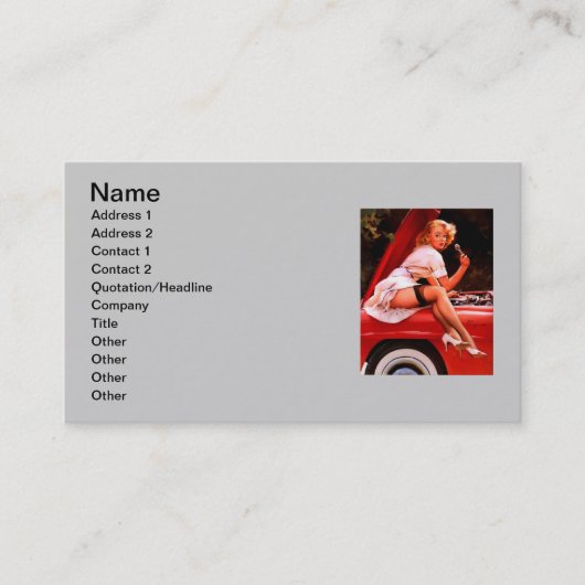  autowrak met pinupmeisje visitekaartje (Voorkant)