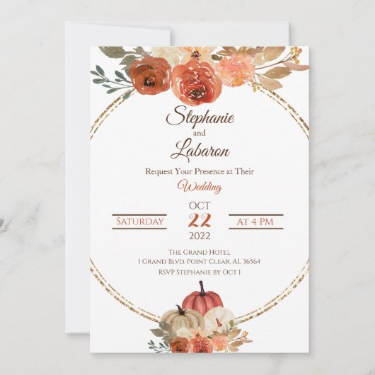 Autum Floral Pumpkin Wedding Kaart (Voorkant)
