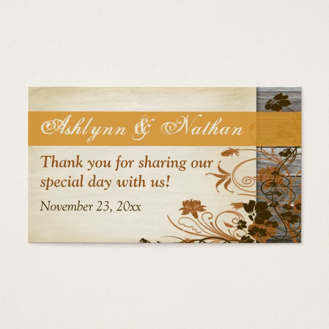 Autum Flowers, FAUX Wood Wedding Favor Label Visitekaartje (Voorkant)