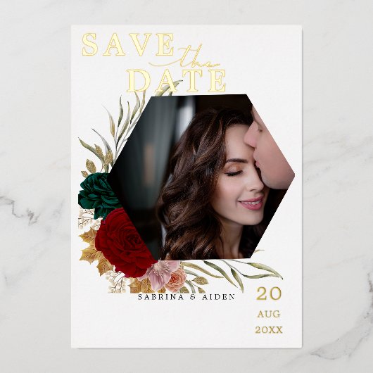 Autumanal Bourgondië Emerald Floral Foto Folie Uitnodiging (Voorkant)