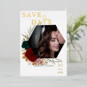 Autumanal Bourgondië Emerald Floral Foto Folie Uitnodiging (Staand Voorkant)