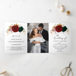 Autumanal goud Bourgondië Emerald Greeny bruiloft Drieluik Aankondiging