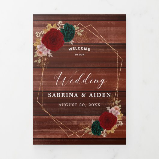 Autumanal goud Bourgondië Emerald Greeny bruiloft Drieluik Aankondiging (Cover)