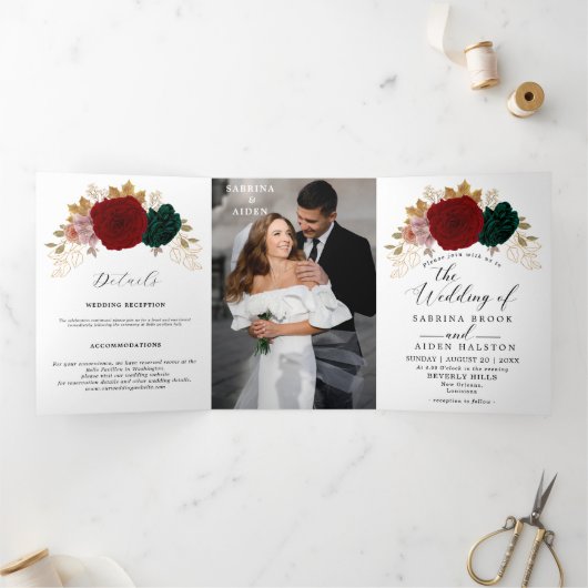 Autumanal goud Bourgondië Emerald Greeny bruiloft Drieluik Aankondiging (Binnen)