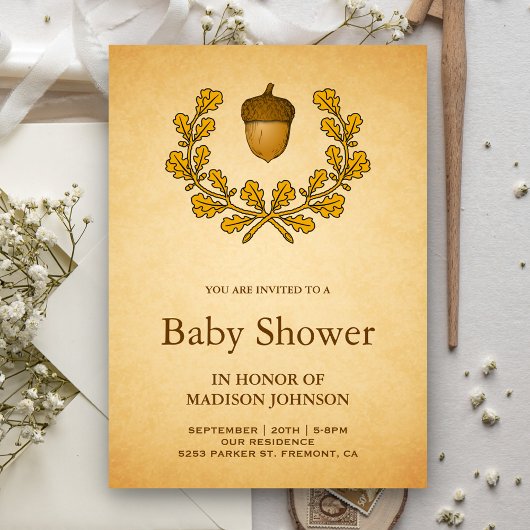 Autumn Acorn Oak Leaves Krans Baby shower Kaart