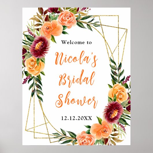 Autumn and Burgundy Orange Bridal Shower Welcome Poster (Voorkant)