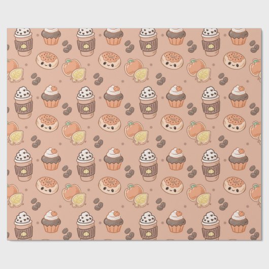 Autumn Baked Goods & Coffee Kawaii Pattern Cadeaupapier (Vlak)