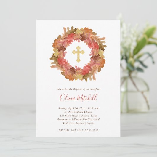 Autumn Baptisme | Fall Leaves en Gold Cross Kaart (Staand voorkant)