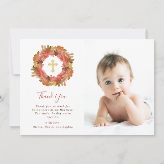 Autumn Baptisme | Fall Leaves en Gold Cross Photo Bedankkaart (Voorkant)