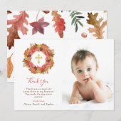 Autumn Baptisme | Fall Leaves en Gold Cross Photo Bedankkaart (Voorkant / Achterkant)