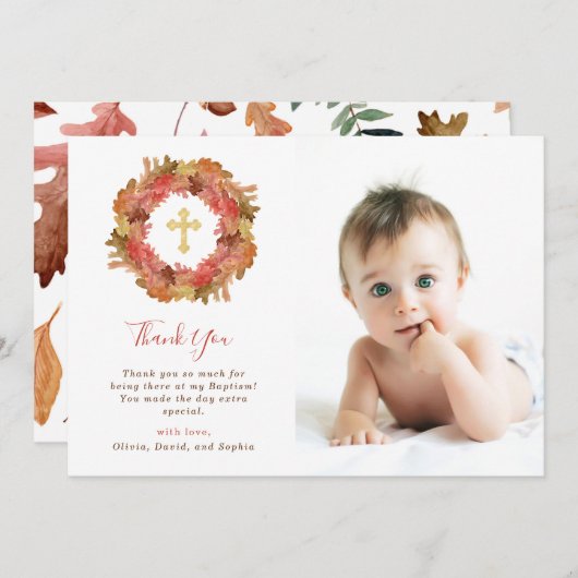 Autumn Baptisme | Fall Leaves en Gold Cross Photo Bedankkaart (Voorkant / Achterkant)