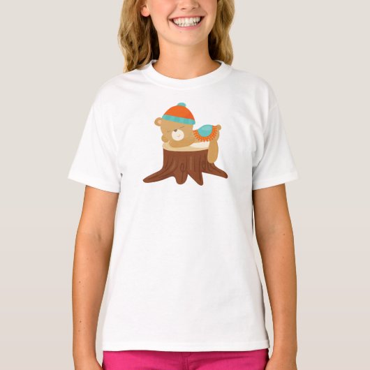 Autumn Beer, Slapend Beer, Cute Beer, Boom Stump T-shirt (Voorkant)