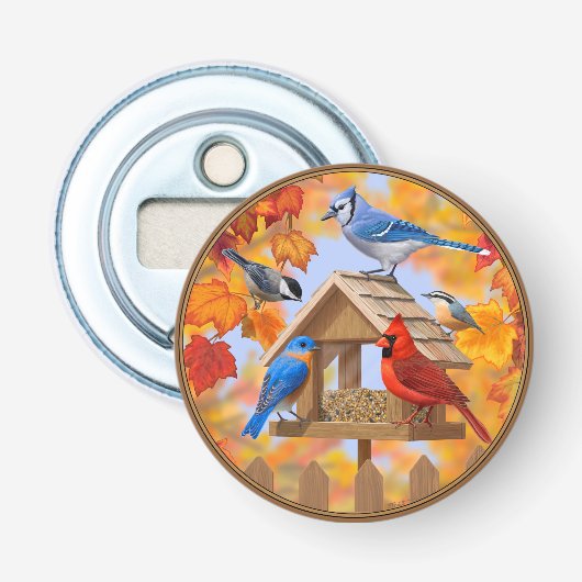 Autumn Bird Feeder Gathering Button Flesopener (Voorkant)