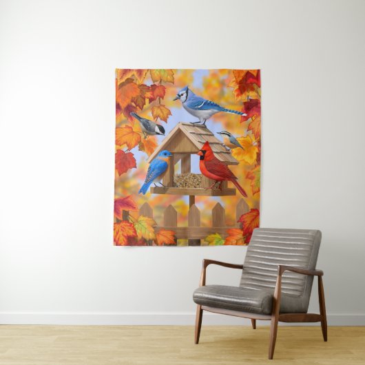 Autumn Bird Feeder Gathering Wandkleed (In situ)