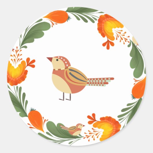Autumn Bird Folk Art Ronde Sticker (Voorkant)
