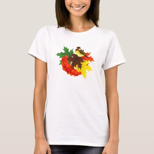 Autumn Bird, Leaves en Berries T-shirt (Voorkant)