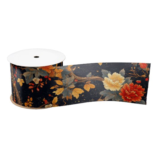 Autumn Black Orange Leaf Chinoiserie Satijnen Lint (Spoel)