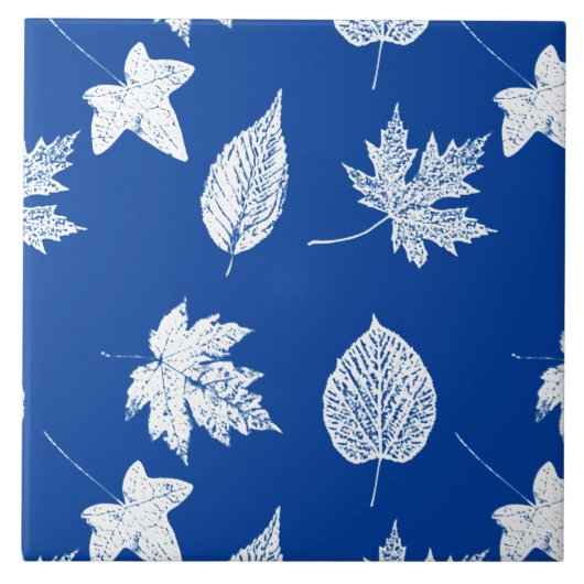 Autumn-bladeren - wit en kobalblauw tegeltje (Voorkant)