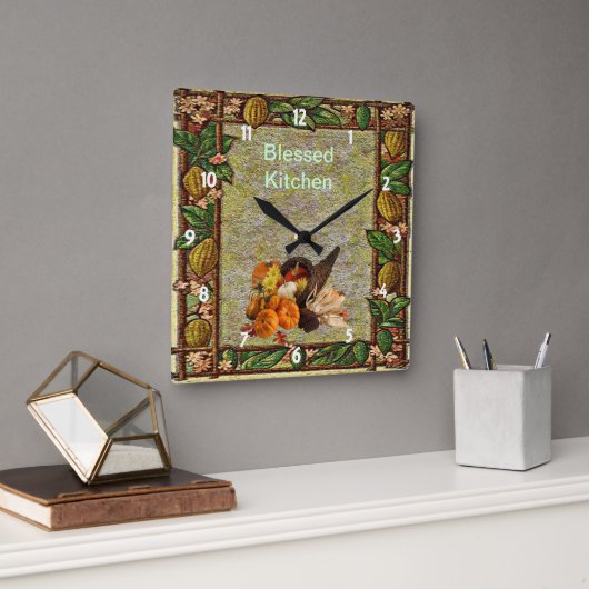 Autumn Blessed Harvest Cornucopia Wall Clock Vierkante Klok (Kantoor)