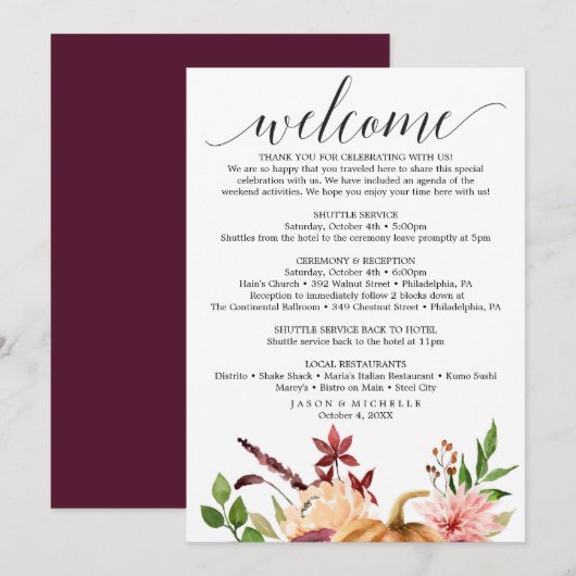 Autumn Bliss huwelijksreis - Huwelijkswelkom Programmakaart (Voorkant / Achterkant)