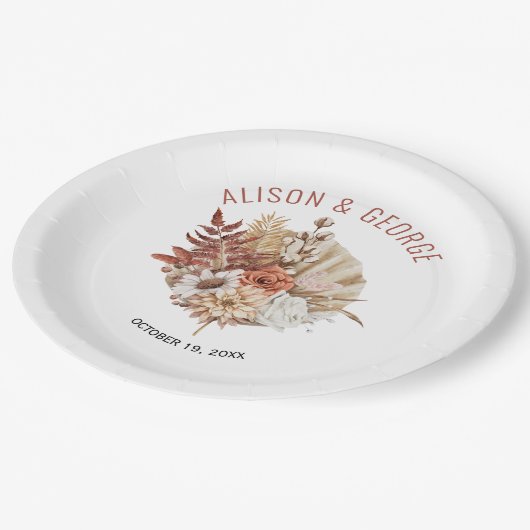 Autumn bloemen, palmleaf terracotta herfst bruilof papieren bordje (Gekanteld)