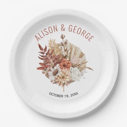 Autumn bloemen, palmleaf terracotta herfst bruilof papieren bordje (Voorkant)
