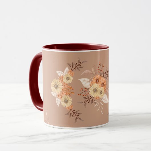 Autumn Bloom – Warm Beige & Orange Floral Art Mok (Voorkant links)
