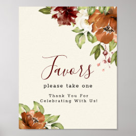 Autumn Blooming Floral Maroon Favors Sign Poster