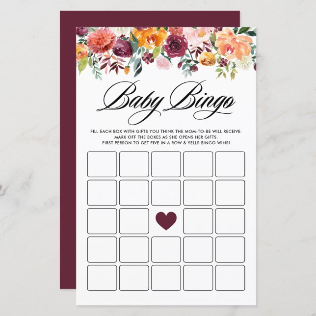 Autumn Blooms Baby shower Bingo Game Kaart (Voorkant / Achterkant)