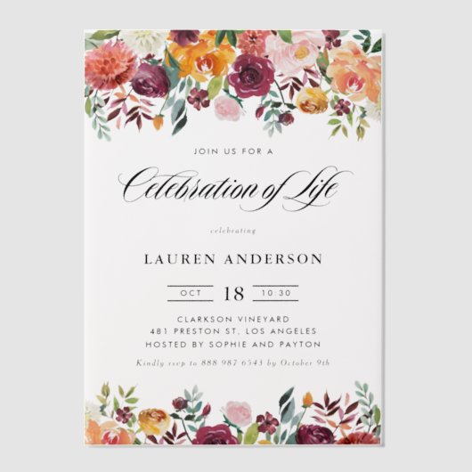 Autumn Blooms Garland Floral Celebration of Life Vellum Uitnodigingen (Voorkant)