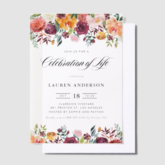 Autumn Blooms Garland Floral Celebration of Life Vellum Uitnodigingen (Offset)