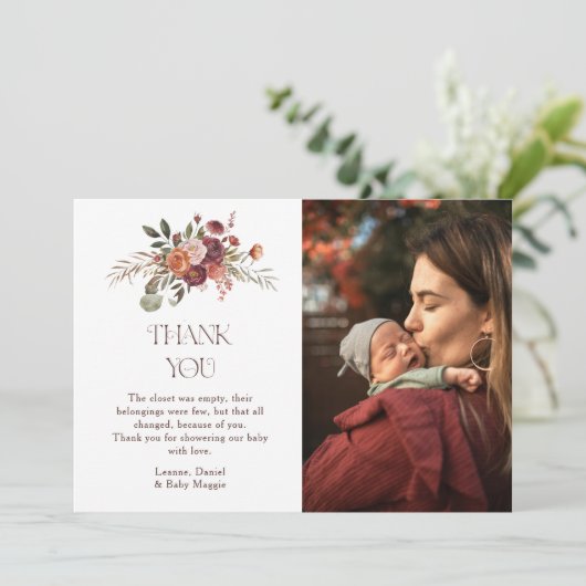 Autumn Blooms Pumpkin Photo Baby Shower Bedankkaart (Staand voorkant)