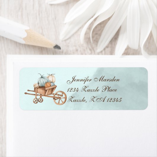 Autumn Blue Pumpkins Wheelbarrow Etiket (Insitu)