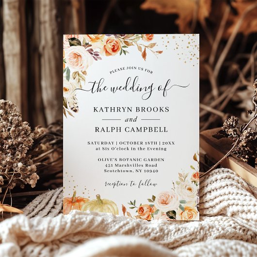 Autumn Bohemian Floral Gold Confetti Fall Wedding Kaart