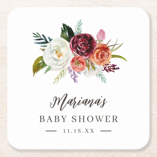 Autumn Boho bloeit gepersonaliseerd Baby shower Kartonnen Onderzetters (Voorkant)