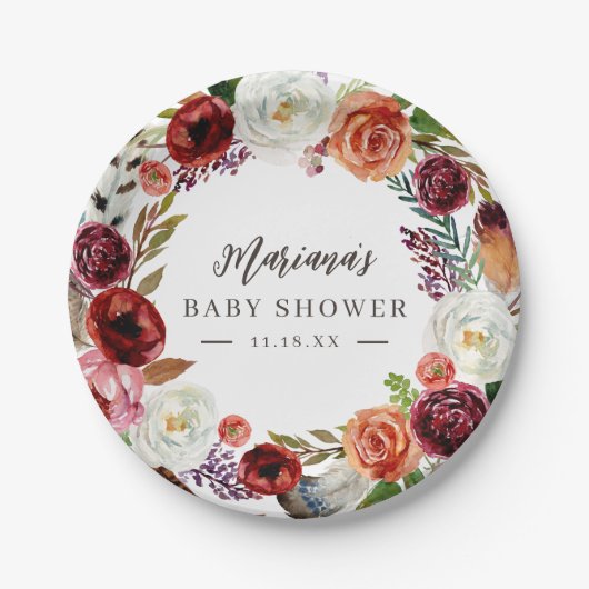 Autumn Boho bloeit gepersonaliseerd Baby shower Papieren Bordje (Voorkant)
