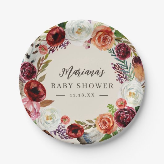 Autumn Boho bloeit gepersonaliseerd Baby shower Papieren Bordje (Voorkant)