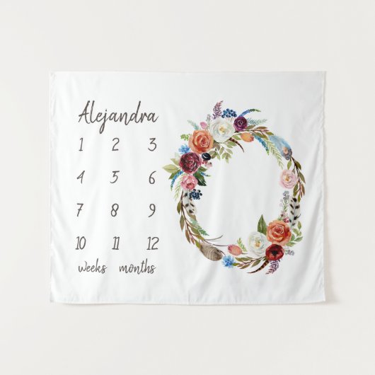 Autumn Boho Blooms Monogram Baby Milestone Foto Wandkleed (Voorkant (horizontaal))