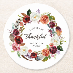 Autumn Boho Blooms Persoonlijke Thanksgiving Ronde Kartonnen Onderzetter