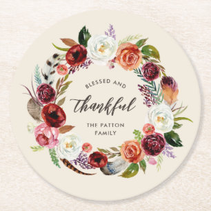 Autumn Boho Blooms Persoonlijke Thanksgiving Ronde Kartonnen Onderzetter