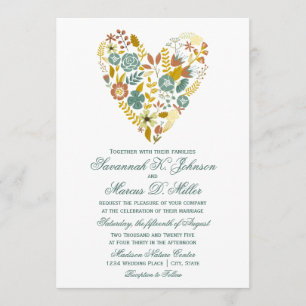 Autumn Boho Floral Heart Fall Wedding Invitations Kaart